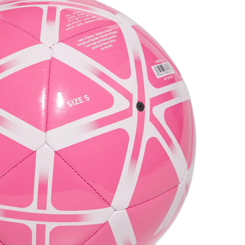 Close-up of a solar pink and white soccer ball, showing size marking and pattern detail