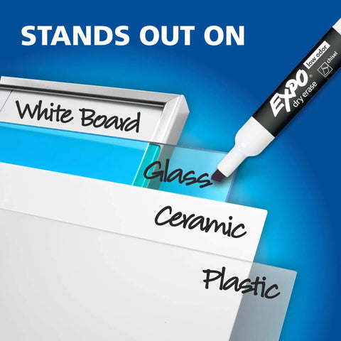 Fresh Top Shelf Dry Erase Markers With Low Odor Slick Smooth Glide Formula, Badass Durable Chisel Tips, Hella Vibrant Clean Erasable Whiteboard Pens, 12 Count Supply Stack on various surfaces including glass, whiteboard, and ceramic.