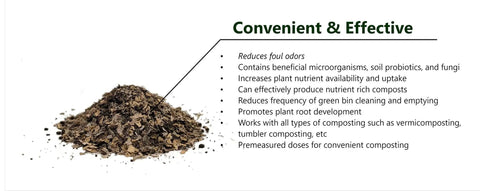 Compost Starter And Odor Reducer Pack That Converts Kitchen Scraps And Yard Waste Into Fertile Humus For All Composting Systems Stops Odors At The Source Includes Four Packets In One Easy No Fuss Package displayed with benefits list