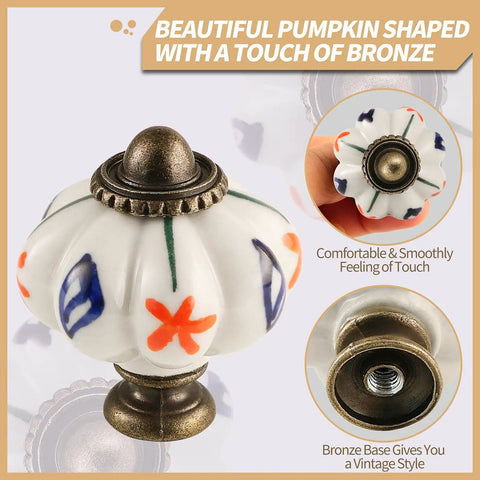Hand Painted Ceramic Pumpkin Drawer Knobs Set Of Six Fine As A Bell Red Flower And Blue Leaf Design Vintage Cabinet Pulls Mounting Screws Included Quick Upgrade For Kitchen Cupboards Today Real Deal Home Decor close-up of pumpkin knob with bronze base