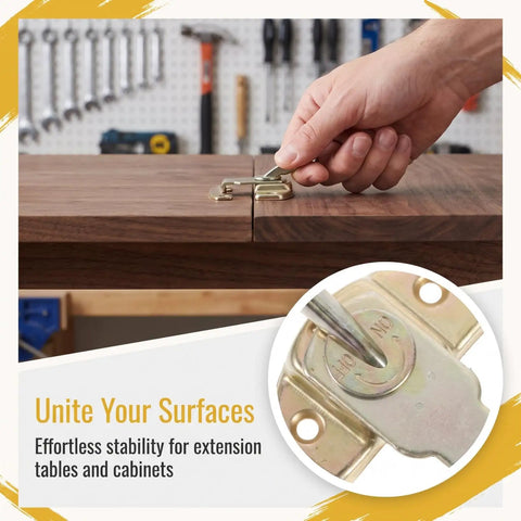 Built Tough Table Leaf Latches Rock Solid Extension Connectors Zero Fuss Assembly Galvanized Steel satin finish latch securing table joints.