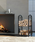 Five Piece Firewood Log Rack And Tools Set For Fireplace And Fireside Use Black Storage Holder beside fire