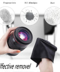 Person using microfiber cloth from 15 Pack Microfiber Glasses Cleaning Cloths For Eyewear Phones Watches And Delicate Screens Soft Lint Free Wipes That Dry Fast Reusable And Safe On Glass Plastic And Other Sensitive Surfaces Your Go To Travel And Everyday Clean Kit to clean a camera lens.