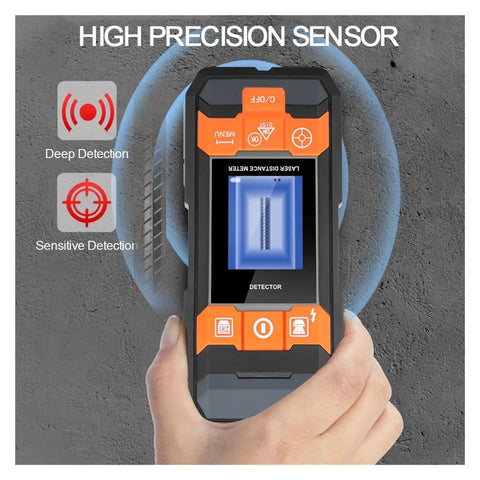 Pro Grade Wall Scanner And Stud Finder Packing Metal Detector Wire Voltage Meter And Laser Range Finder With Bright Lcd Screen in use, showing high precision sensor.