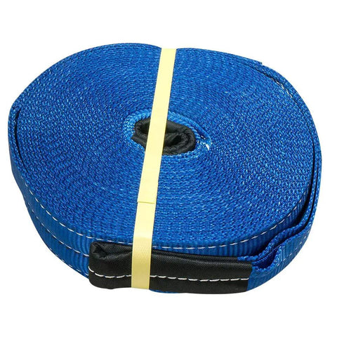 Zero Hassle Heavy Duty Tow Strap 3 X 30 Ft With 30K Lb Break Strength rolled and secured with clips for easy storage.