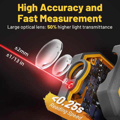 High precision lens and laser technology of Dead On Accuracy 328 Foot Range Laser Distance Meter for accurate measurements.