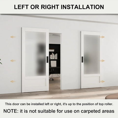 36 by 84 Inch Concealed Sliding Barn Door Featuring Frosted Glass Panels and Hidden Hardware to Keep Your Walls Dang Clean installation options shown