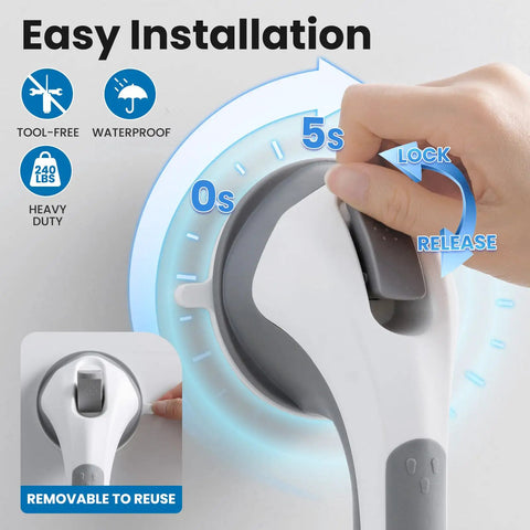 Heavy Duty 2 Pack Suction Grab Bars For Showers Rock Solid 12 Inch Handles with tool-free installation feature.