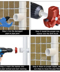 Steps to use JYINCPED PVC Fitting Saver 3/4 Inch, showing reamer attachment and process on PVC pipe for plumbing repair.