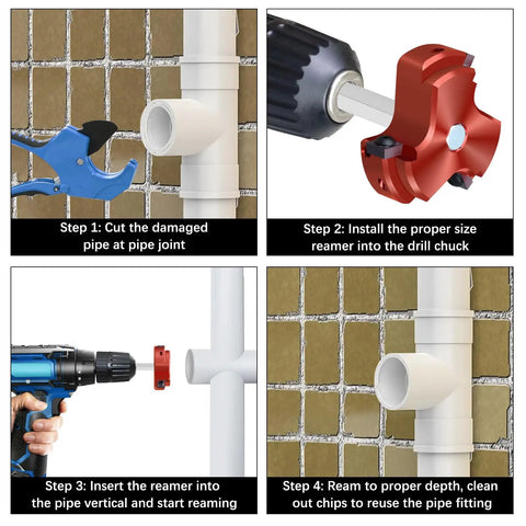 Steps to use JYINCPED PVC Fitting Saver 3/4 Inch, showing reamer attachment and process on PVC pipe for plumbing repair.