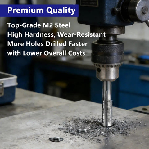 2Pcs M5 X 0.8 Thread Tap HSS Right Hand Milling Tap shown in a drill press tapping a metal sheet