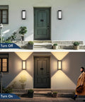Rock Solid Black 24W Outdoor Wall Light Fixture IP65 Waterproof 3000 Lumens 3000K Warm White illuminating porch at night.