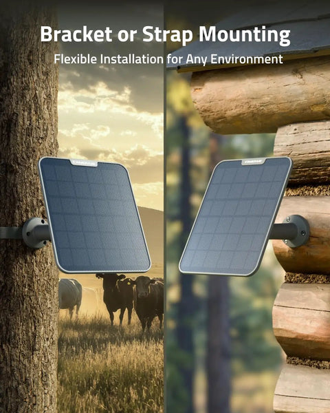 Hella Fast 6W Solar Panel For Wildlife Trail Cameras mounted on tree and log, showcasing flexible installation methods.