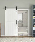 36 By 84 Inch Solid Pine Sliding Barn Door With Slick Rolling Hardware Kit For Bedroom And Bathroom, installed in modern room.