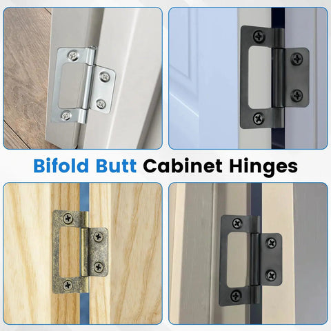 Bifold Butt Cabinet Hinges shown in four variations with screws, ideal for furniture and cabinet doors, sturdy design.
