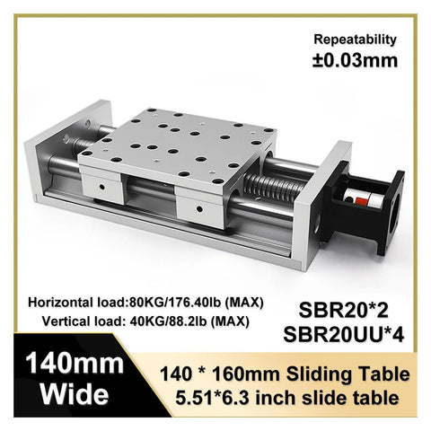 Heavy Duty Ball Screw Linear Slide Table With Beefed Up Aluminum Housing For Garage And Shop Automation Builds Featuring Quick Install Brackets And Buttery Smooth Precision Motion Up To Eighty Kilograms, 140mm wide.