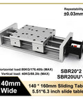 Heavy Duty Ball Screw Slide Table With 80 Kg Load Capacity And 0.03 Mm Precision Pro Grade Linear Actuator For Workshop Automation Job Site Tough Build And Quick Hookup Setup, 140mm wide.