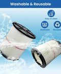 Two Pack 38754 Replacement Filters For Wet Dry Vacuum Cleaners 5 To 20 Gallon in water, showcasing washable features