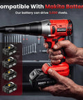 Badass Cordless Electric Rivet Gun Kit With 20 Volt Brushless Motor and compatible Makita battery shown in hand.