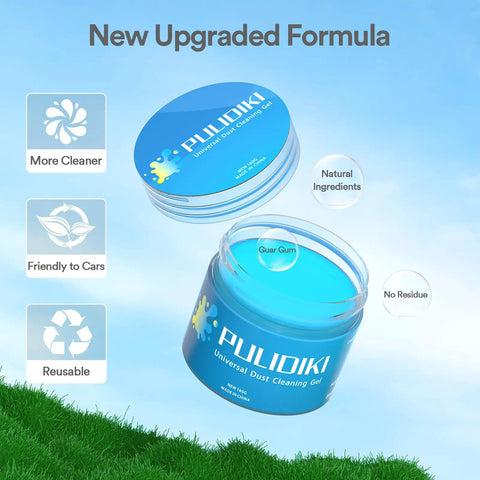 Premium Car Cleaning Gel And Detailing Slime Putty in blue container with natural ingredients label viewed from above.