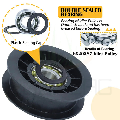 Heavy Duty Idler Pulley Pair And Reinforced Drive Belt Combo Pack Fits John Deere Lawn Tractor GX20286 GX20287 GX20006 close-up of double sealed bearing