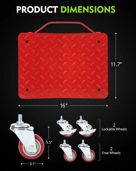 Product dimensions for Tough As Nails Wheel Dolly Set Of Four, showing 11.7" height and 16" width red steel platform.