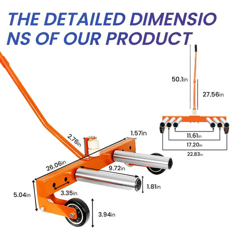 Adjustable Heavy Duty Tire Dolly And Wheel Lifter Built Like A Tank With Rust Resistant Finish and Smooth Rolling Casters dimensions laid out.