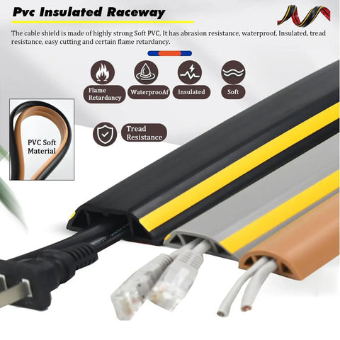 Heavy Duty Cable Management Sleeve For Cords And Wires Pro Grade Floor Protector Tubing in black, gray, and brown PVC