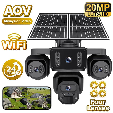 20MP Four Lens Solar Security Camera Outdoor Wifi Wireless Surveillance For Home Yard And Driveway Keeps Your Place Locked Down Fo Sho with solar panel.