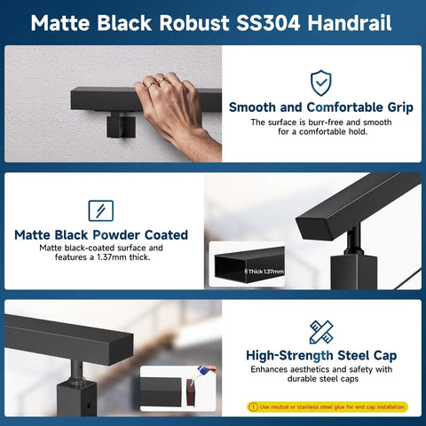 Hella Tough Six Foot Six Inch T304 Stainless Steel Handrail For Stairs With Sleek Matte Black Finish And Included Metal End Caps Mounting Hardware Four Pack, featuring smooth matte black grip and high-strength steel caps.