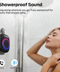 Outdoor Bluetooth Speaker with IPX7 Waterproof Rugged Build installed in shower, compact design with RGB lights, 10-hour playtime