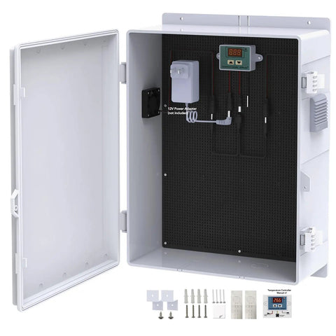 Badass Weatherproof Ip65 Outdoor Electrical Junction Box Heavy Duty Abs Plastic Enclosure with Cooling Fan, Thermostat, open view.