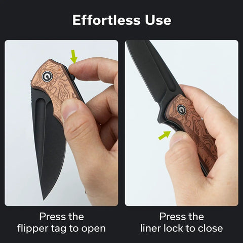 Hands demonstrating the easy opening and closing mechanisms of the Kickass EDC Folding Knife With Beefy Liner Lock and Sick Copper Drip G10 Handle.