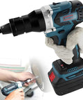 Rock Solid Cordless Automatic Rivet Gun Kit With Bright Led And 4000 Mah Battery for M3 Through M12 Threads in use.