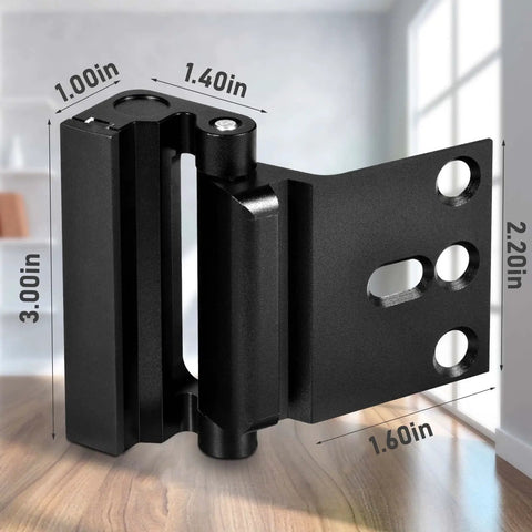 3 Pack Home Security Door Reinforcement Lock Kit With Childproof Inside Latch Stopper Heavy Duty Aluminum Construction In Black Tough Protection To Keep Unauthorized Entry Out And Family Safe, side view with dimensions.