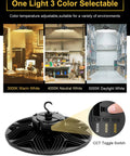 UFO LED High Bay Light with adjustable wattage 3000K 4000K 5000K CCT, showing color options and toggle switch