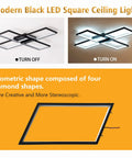 Black Square LED Ceiling Light Flush Mount for Dining Room Living Room Kitchen, 33.07 Inch Geometric Modern Fixture off and on view.