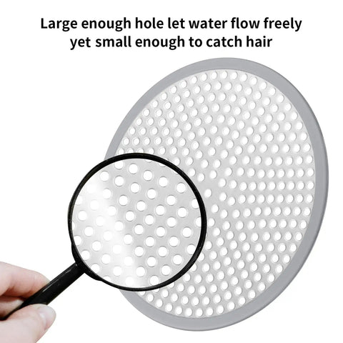 Close-up of Solid Build 4 Pack Shower Drain Hair Catcher With Thick Silicone Rim Heavy Duty Stainless Steel Strainer showing holes for water flow.