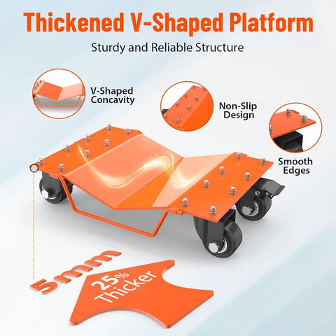 Heavy Duty Car Wheel Dolly Set, 4 Pack Noodle Free Rolling Plates, 8000 Lbs Total Load Capacity, Rust Resistant Steel Toy Haulers, Garage Shop Ready Transport Orange with V-shaped platform