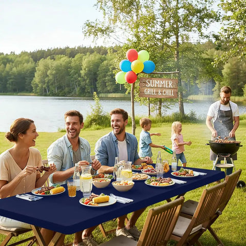 Outdoor picnic with family featuring Waterproof Elastic Fitted Tablecloth With Elastic Edge For 6 Foot Tables 30x72 Inches Navy