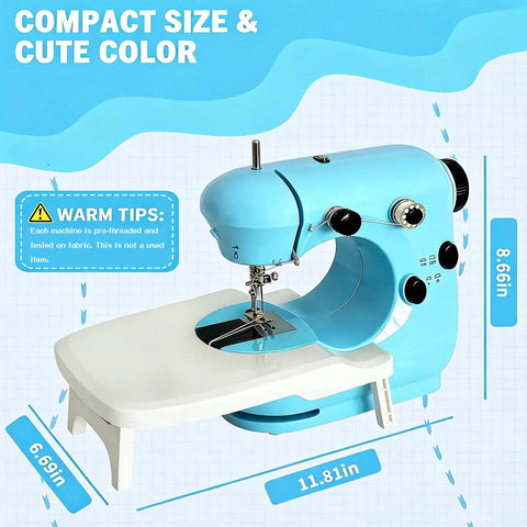 Get Your Threads Sorted Quick Super Portable Sewing Machine For Beginners Serving Dual Pace Modes Built In Bright Led Lamp And Roomy Extension Desk Hassle Free Handheld Rig For Swift Garment Fixes And Chill Weekend Crafts Anytime with blue color and compact size.