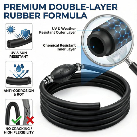 Boat Fuel Line With Bulb Primer Pump For Outboard Motors, seven foot hose, durable marine fuel transfer pump with labels.