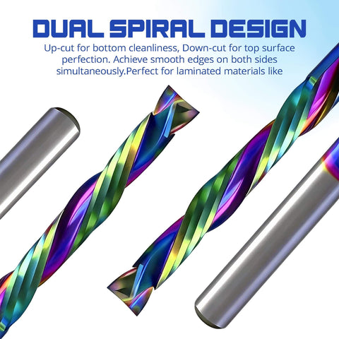 Compression CNC Router Bits With DLC Coating For Precision Milling, 1/8 Inch Shank, dual spiral design, close-up view.