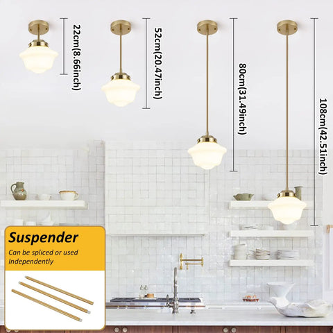Black 8 Inch Milk Glass Schoolhouse Pendant Light With Adjustable Rods For Farmhouse Ceiling Dope Vintage Vibe Perfect For Living Room Kitchen Dining Hallway Island Pendant Lighting in a kitchen setting, showing varying rod lengths.