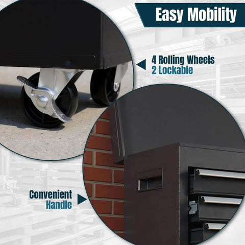 Ultimate Gear Stash Parts Storage Cabinet With 5 Deep Drawers And Detachable Toolbox For Garage Workshop Mobile Tool Cart with 4 rolling wheels.