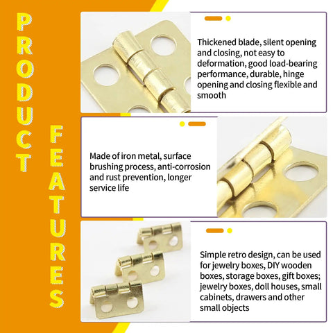 Nifty Mini Brass Hinges 18 X 15 Mm Bulk Pack Of 30 Rock Solid Vintage Hardware For Jewelry Boxes Crafts and DIY Woodworking Projects With Dead Simple Mount Nails Prepacked close-up showing features and details.