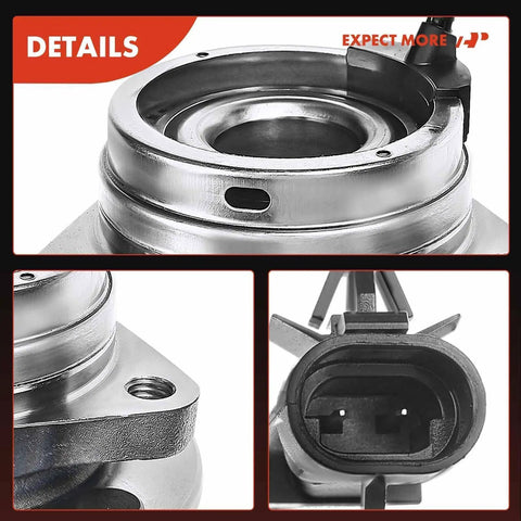 Close-up of Front Wheel Bearing And Hub Assembly With Abs Ring and 5 Lug Bolt Pattern showing metal details and connector.