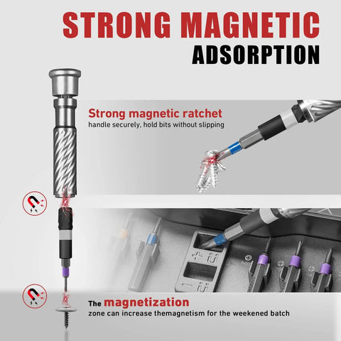 Ratchet Screwdriver Set 100 In 1 Magnetic Screwdriver Kit with S2 Steel Bits showing strong magnetic adsorption