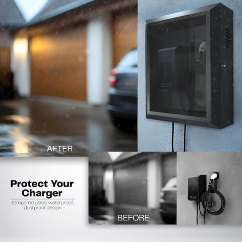 Heavy Duty Wall Mount EV Charger Protective Box With Lockable Safety Padlock Universal Fit, shown during rain, water and dust protected.