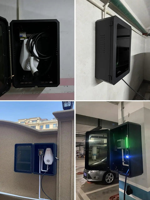 No Nonsense Wall Mount EV Charger Enclosure Locking Heavy Duty Outdoor Electric Vehicle Armor Box with cable management in garage.